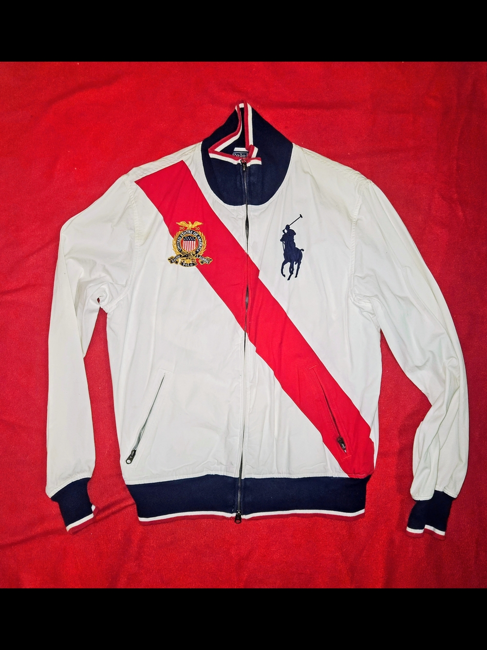 Polo Ralph Lauren USA Flag #14 Jacket Men’s Large Cotton White Red Blue Full Zip